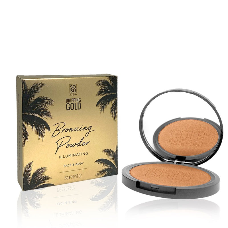 Dripping Gold Endless Summer Illuminating Bronzing Powder by SOSU providing a shimmery, glistening, bronzed glow for face and body, packaged in a stylish matte black palette with a large compact mirror, perfect for on-the-go touch-ups