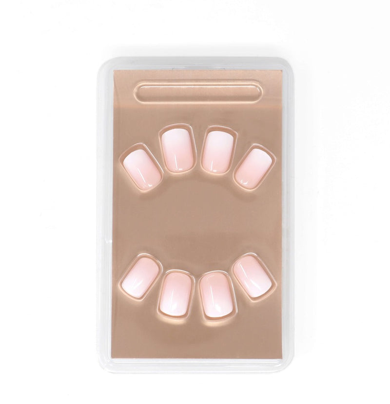 Short square gloss finish Ombre Edge nails with a nude ombre look, providing salon results in seconds