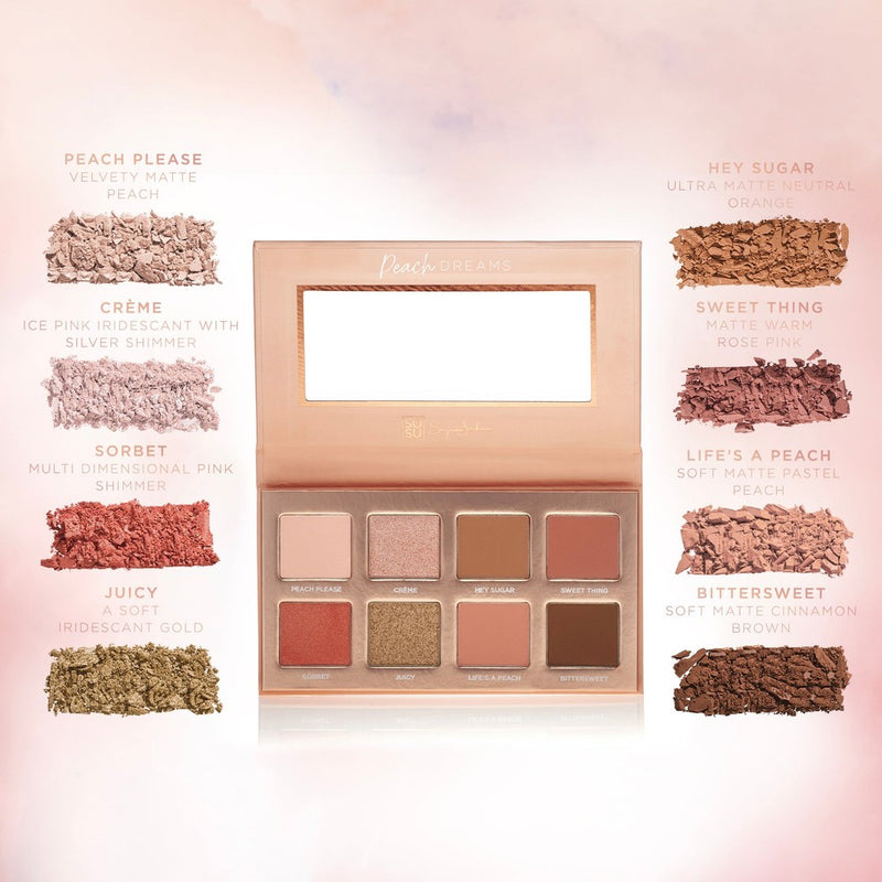 Peach Dreams Eyeshadow Palette featuring 8 stunning matte & shimmer eyeshadows with shades like 'Peach Please', 'Hey Sugar', 'Velvety Matte', and 'Ultra Matte Neutral'. Highly pigmented and long-lasting for dreamy eye looks.