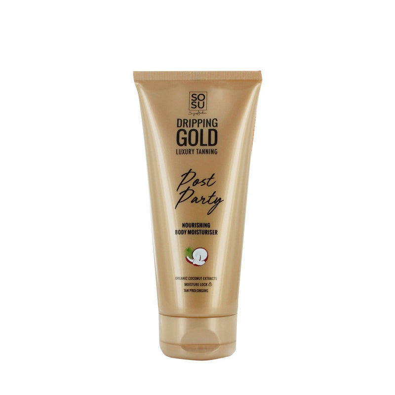 Post Party Nourishing Body Moisturiser by SOSU Dripping Gold, a deeply soothing and hydrating formula with organic coconut extracts, designed for moisture lock and tan prolonging
