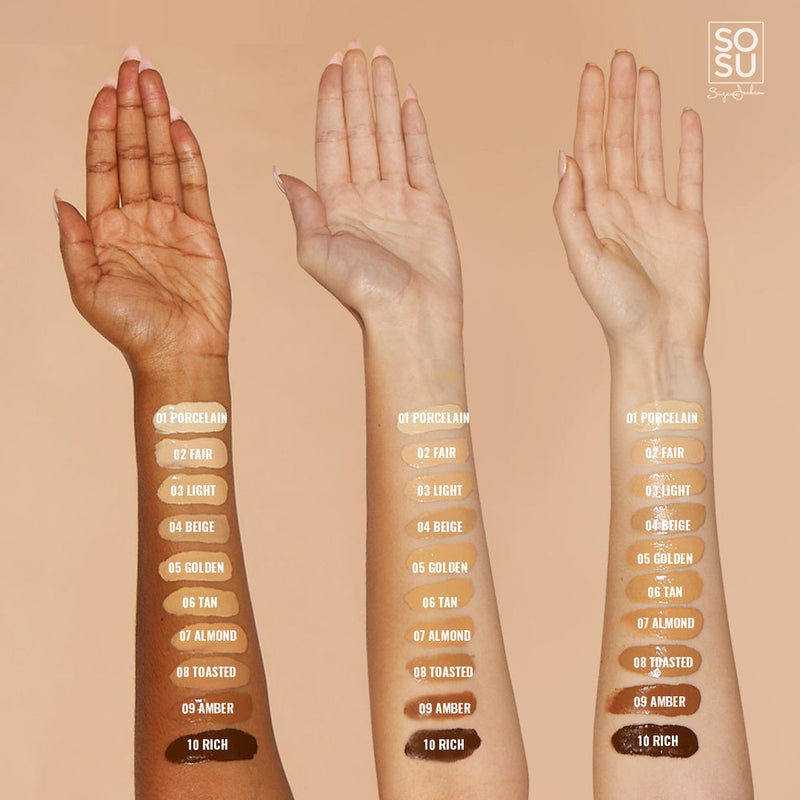 Variety of CC Me In Foundation shades from SOSU, ranging from 01 Porcelain to 10 Rich, swatched on arm
