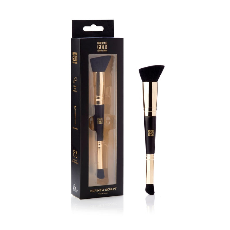 Dripping Gold Dual Ended Contour Brush with super soft bristles for precise application of tan or makeup, perfect for defining and sculpting face and body