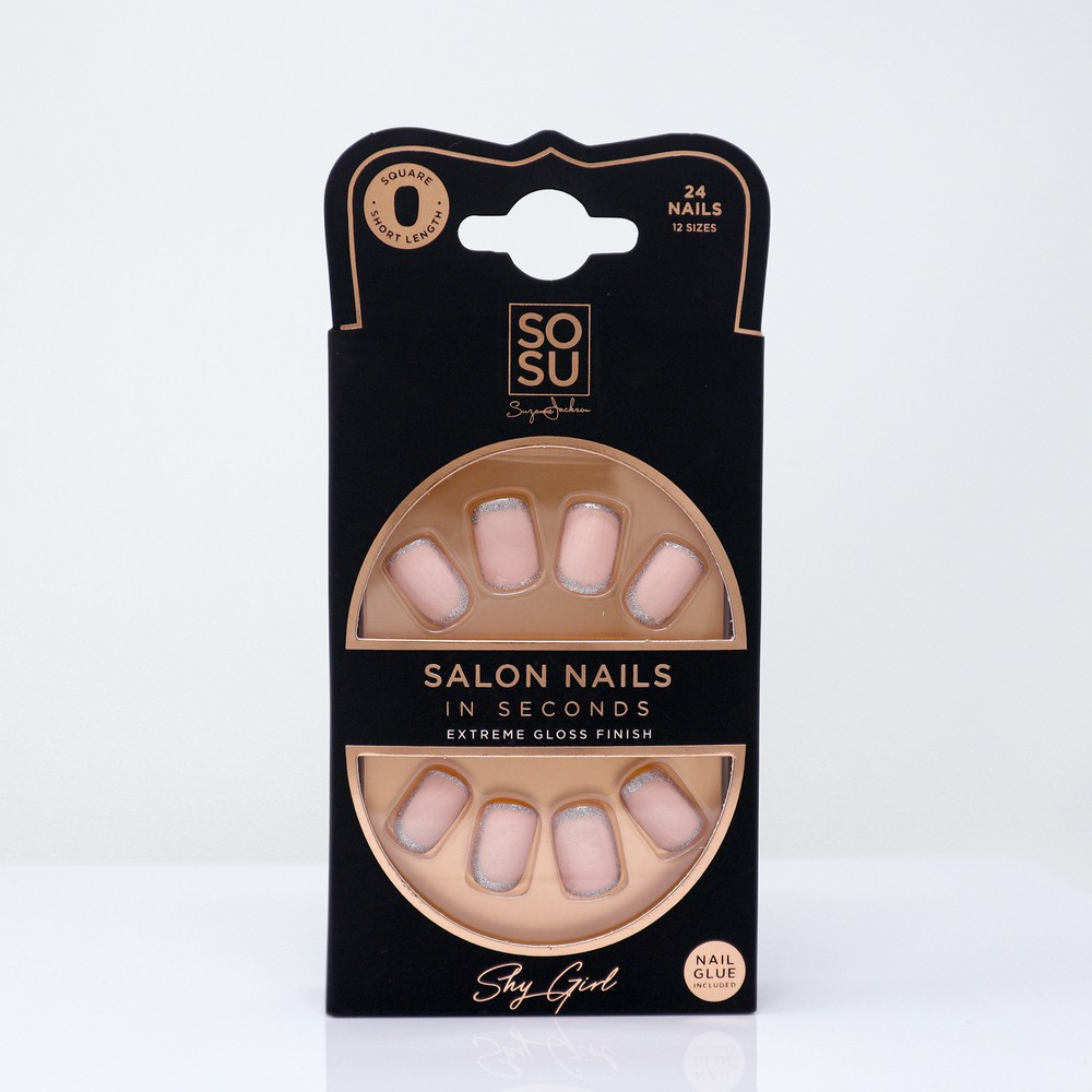 Shy Girl salon nails in square shape and short length with extreme gloss finish, includes 24 nails in 12 sizes with adhesive, nail file, and manicure stick