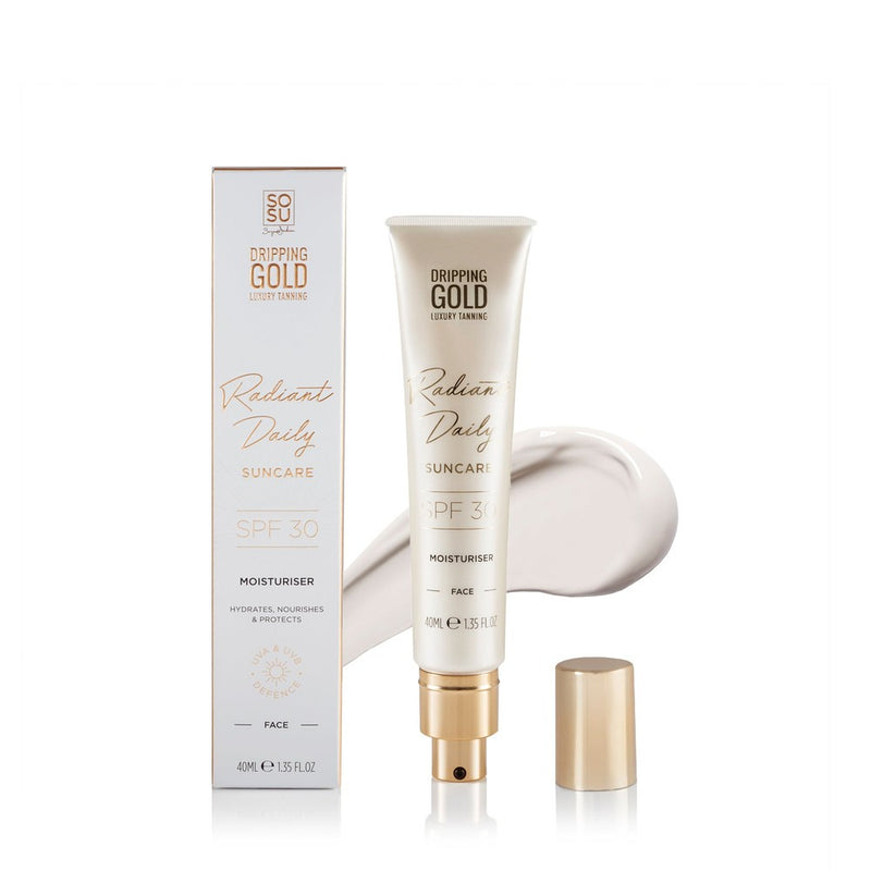 Dripping Gold Radiant Daily Moisturiser SPF 30 bottle, providing UVA & UVB defence, hydration, and a radiance boost to your skin