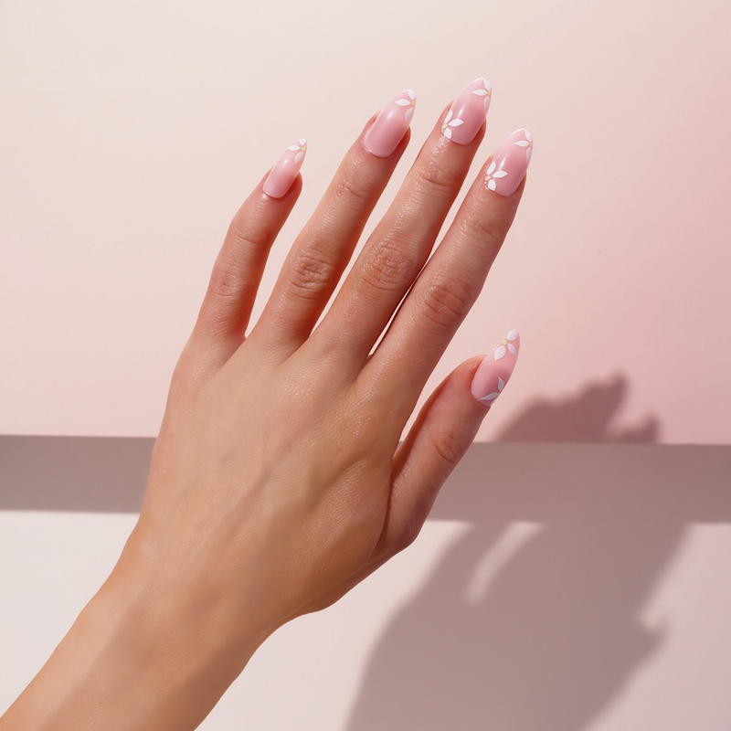 Medium-length stiletto shaped Daisy Faux Nails with daisy details, perfect for a summer look, easy to apply, cruelty-free, and vegan friendly.