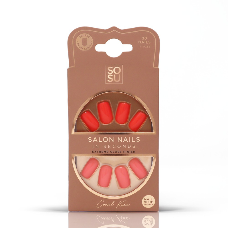 Coral Kiss Faux Nails by SOSU Cosmetics, square-shaped short-length salon-quality nails with a bold coral colour, extreme gloss finish, and easy application. Includes 30 nails in 15 sizes, adhesive, mini nail file and manicure stick.