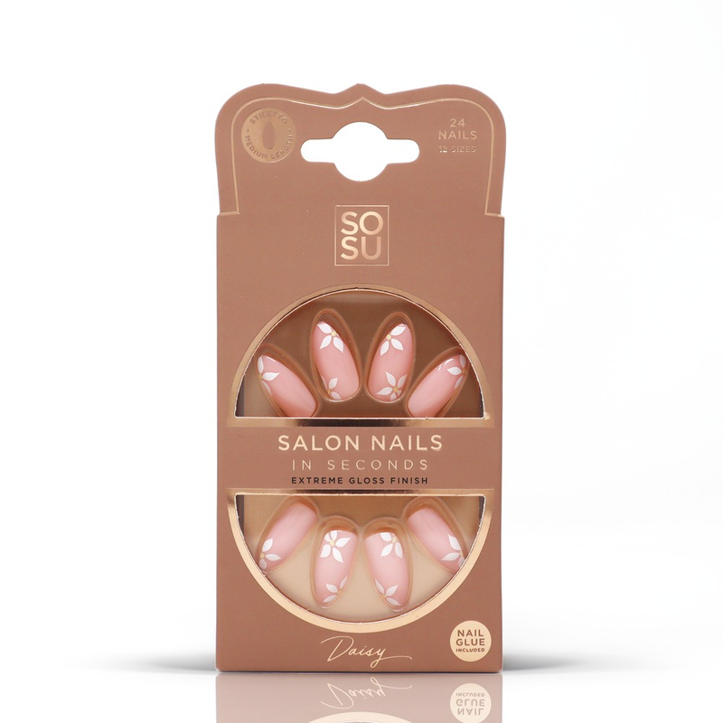 Daisy Faux Nails by SOSU Cosmetics, sleek stiletto-shaped medium-length nails with daisy details, perfect for summer. The set includes 24 nails in 12 sizes, nail glue, and provides an extreme gloss finish.