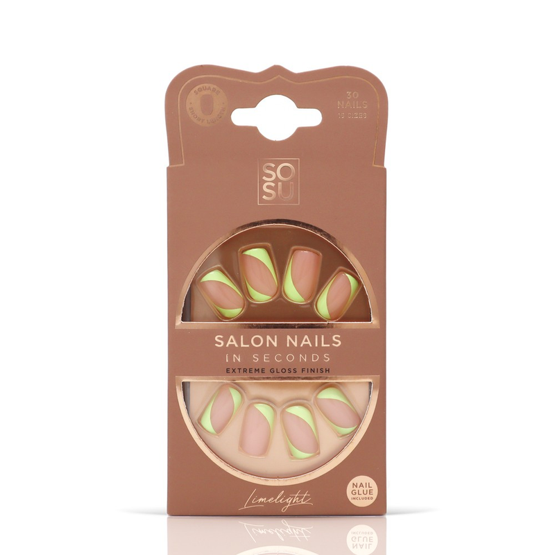 Limelight Faux Nails by SOSU Cosmetics featuring gorgeous square-shaped short-length nails in statement neon green, including 30 nails in 15 sizes with adhesive and extreme gloss finish