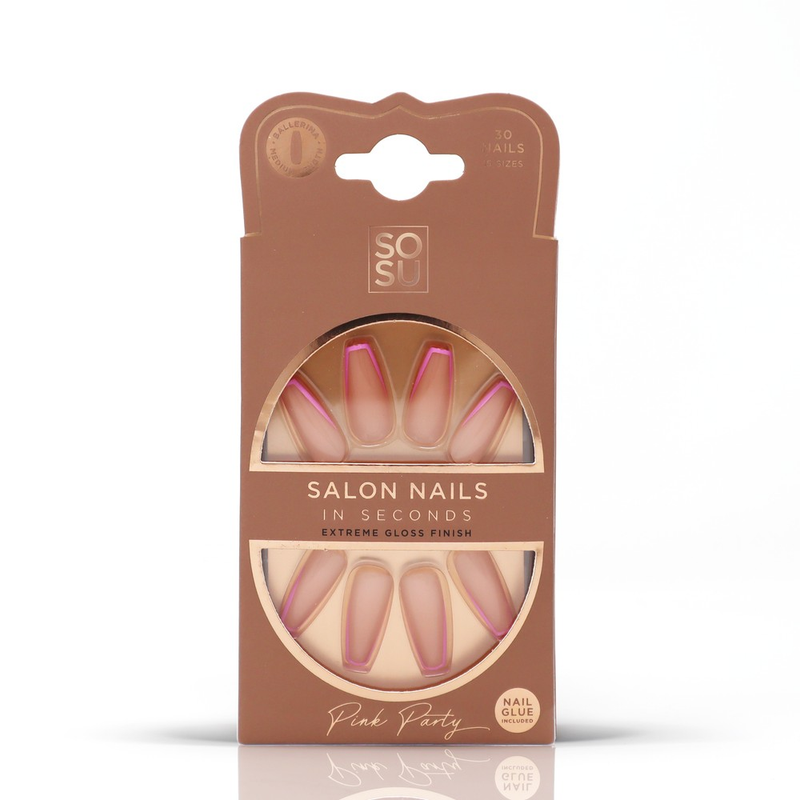 Pink Party Faux Nails by SOSU Cosmetics, ballerina-shaped medium-length nails with a summer twist on the classic french tip and an extreme gloss finish