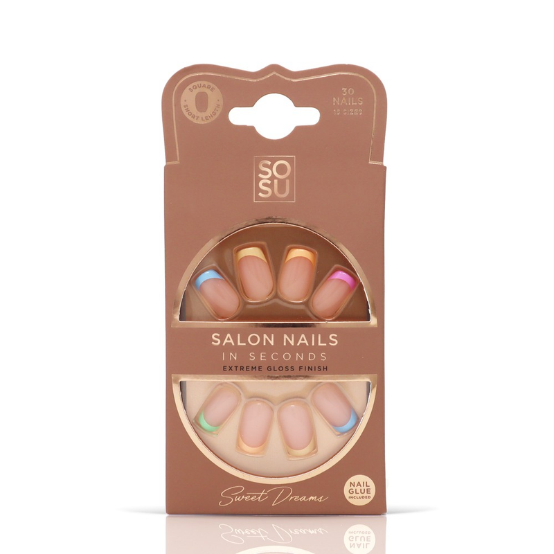 Sweet Dreams Faux Nails by SOSU Cosmetics, square-shaped and short-length with an extreme gloss finish, including 30 nails in 15 sizes and adhesive for easy application and removal