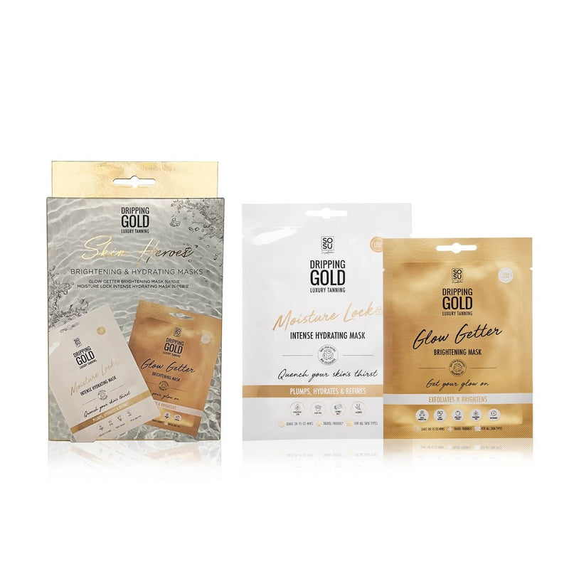 Skin Heroes Brightening & Hydrating Masks from SOSU by Dripping Gold, including the Moisture Lock Intense Hydrating Mask and the Glow Getter Brightening Mask, perfect for all skin types