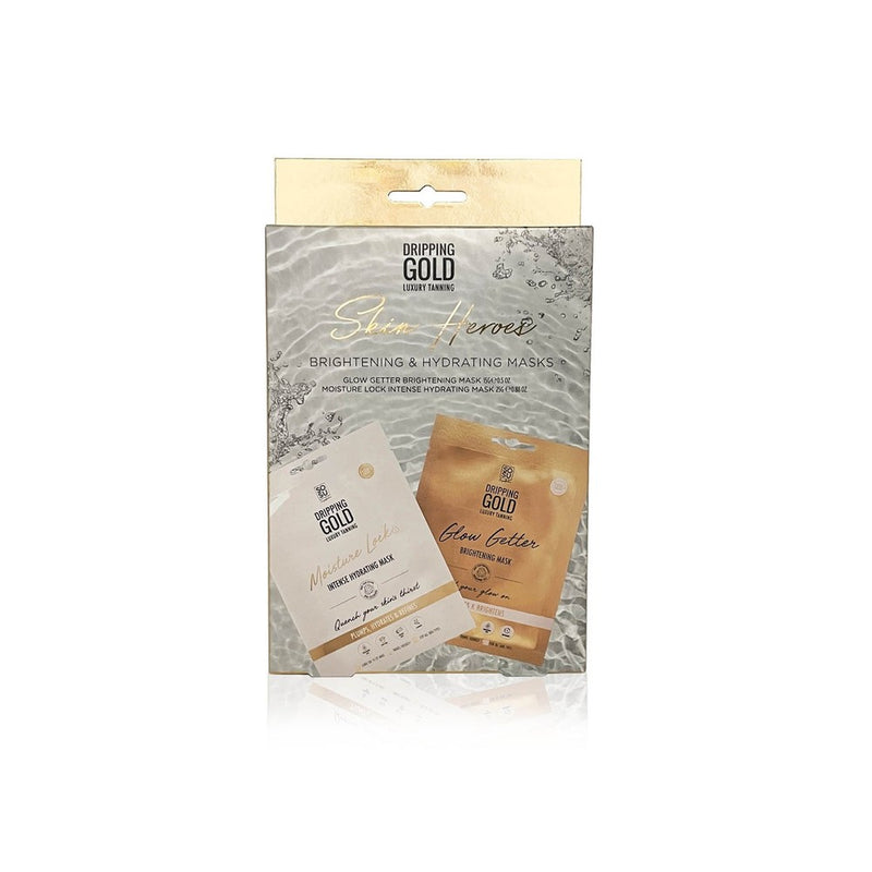 Skin Heroes Brightening & Hydrating Masks by Dripping Gold Luxury Tanning, featuring one Moisture Lock Intense Hydrating Mask and one Glow Getter Brightening Mask