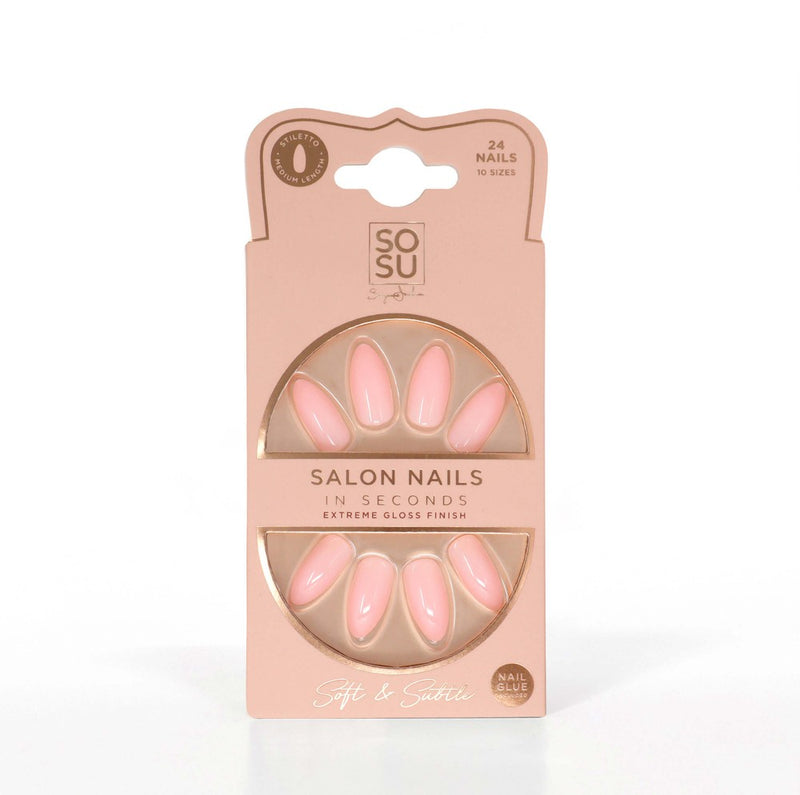 SOSU's Soft & Subtle stiletto shaped medium length nude nails with a subtle pink undertone, providing salon results in seconds with extreme gloss finish