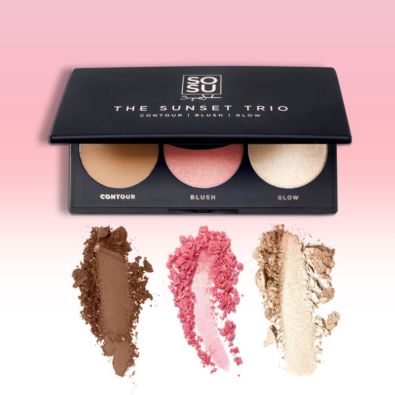 The Sunset Trio palette featuring contour, blush, and glow, perfect for stunning sunset evenings and summer holidays