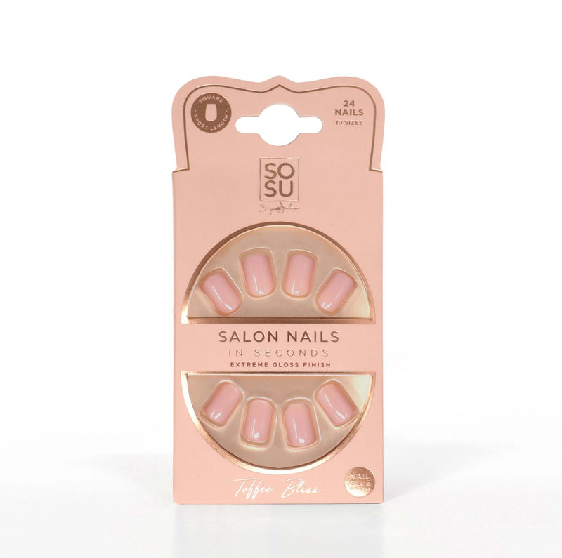 The Toffee Bliss salon-quality false nails pack with creamy toffee undertones, offering short square nails in 24 counts and 10 sizes. Includes adhesive, mini nail file, and manicure stick for easy application and an extreme gloss finish.