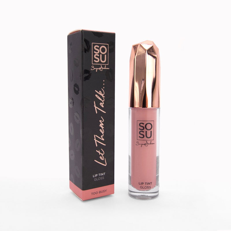 SOSU's Too Busy Sheer Lip Gloss, a high shine, long-lasting, and cruelty-free cosmetic product with a sheer nude tint for gorgeously dreamy lips