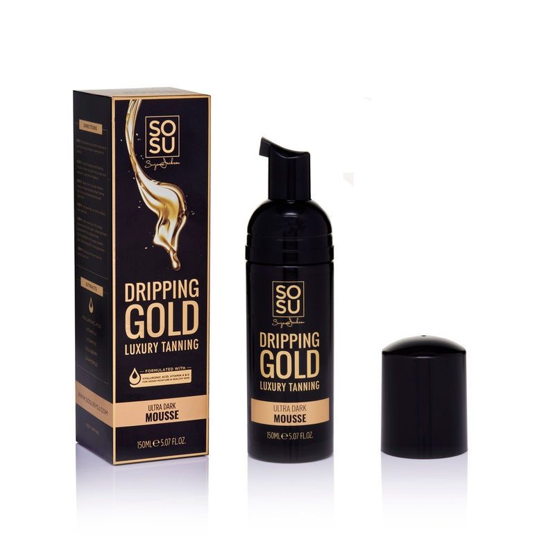 Dripping Gold Luxury Mousse in Ultra Dark shade, providing bronzed, beautiful, and glowing skin with enrichments of Vitamin A & E, Hyaluronic Acid, and natural extracts of Goji Berry & Chamomile