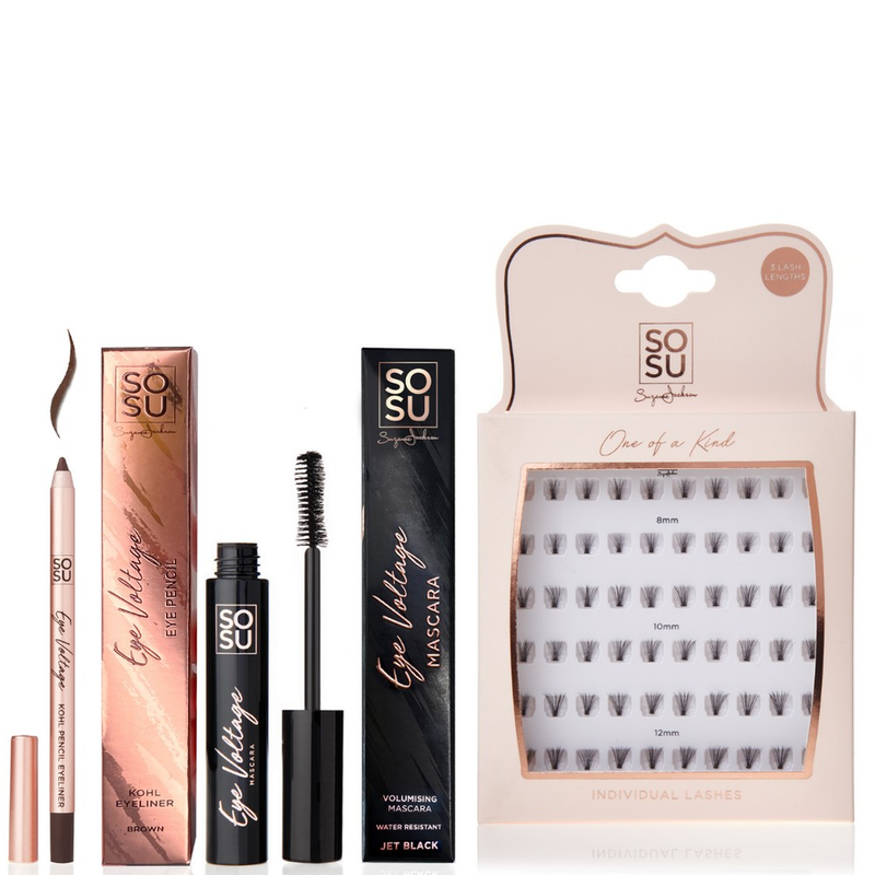 Eye Voltage Essentials bundle featuring a choice of Black or Brown Kohl Pencil, Mascara, and Individual Lashes