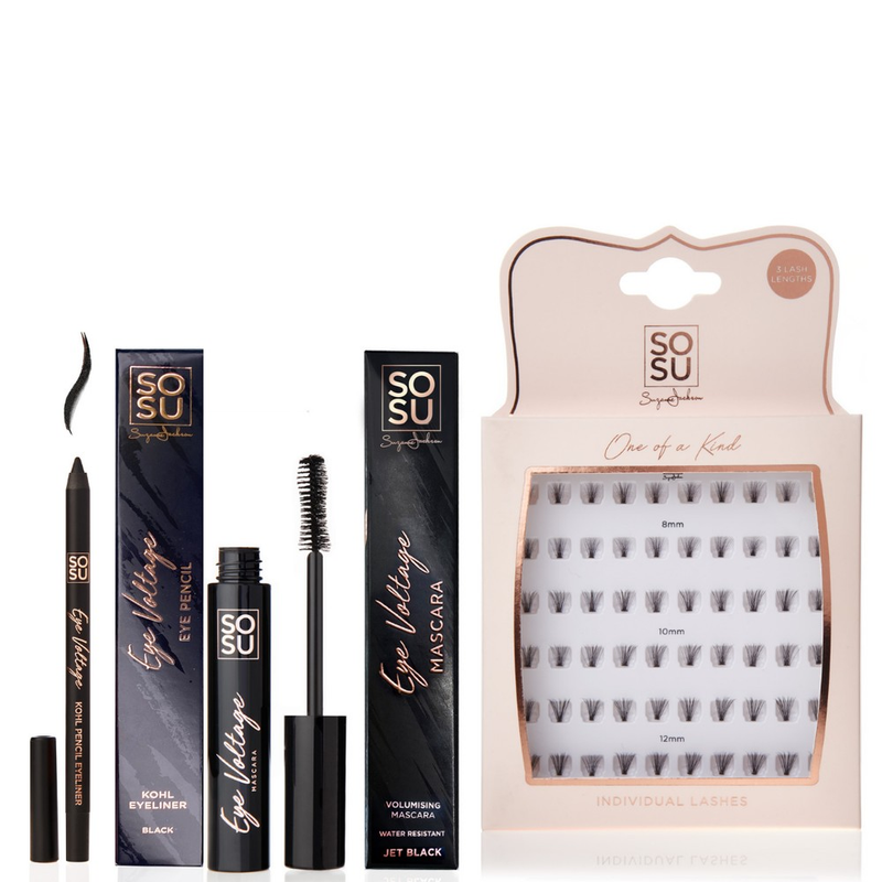 Eye Voltage Essentials bundle containing a choice of black or brown kohl pencil, mascara, and individual lashes. Features include water resistance and volumizing mascara.