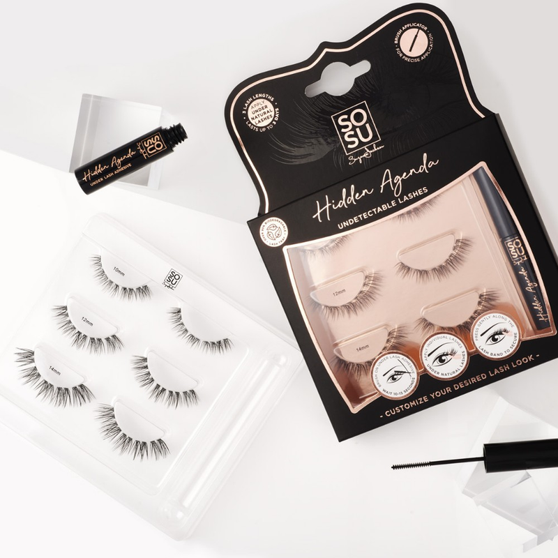 Hidden Agenda Lashes designed for application underneath the natural lash line, features 3 different lengths for complete customisation, and lasts up to 3 days with maintenance