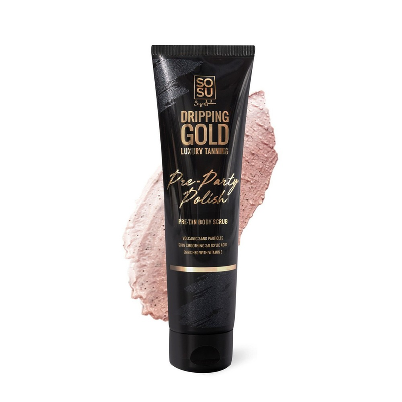 SO SU Dripping Gold Pre-Party Polish Pre-Tan Body Scrub enriched with volcanic sand particles and skin smoothing salicylic acid in a bottle, made in Ireland