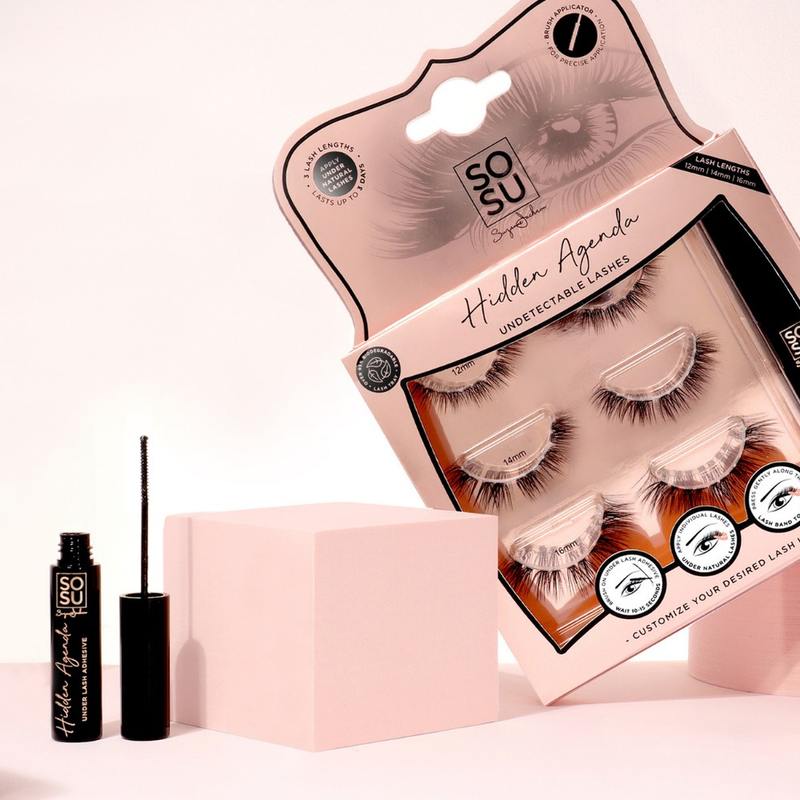Hidden Agenda Longer Length Lashes package, offering 3 different lash lengths including 12mm, 14mm, and 16mm for customized lash look with under lash application. Lasts up to 3 days with maintenance.
