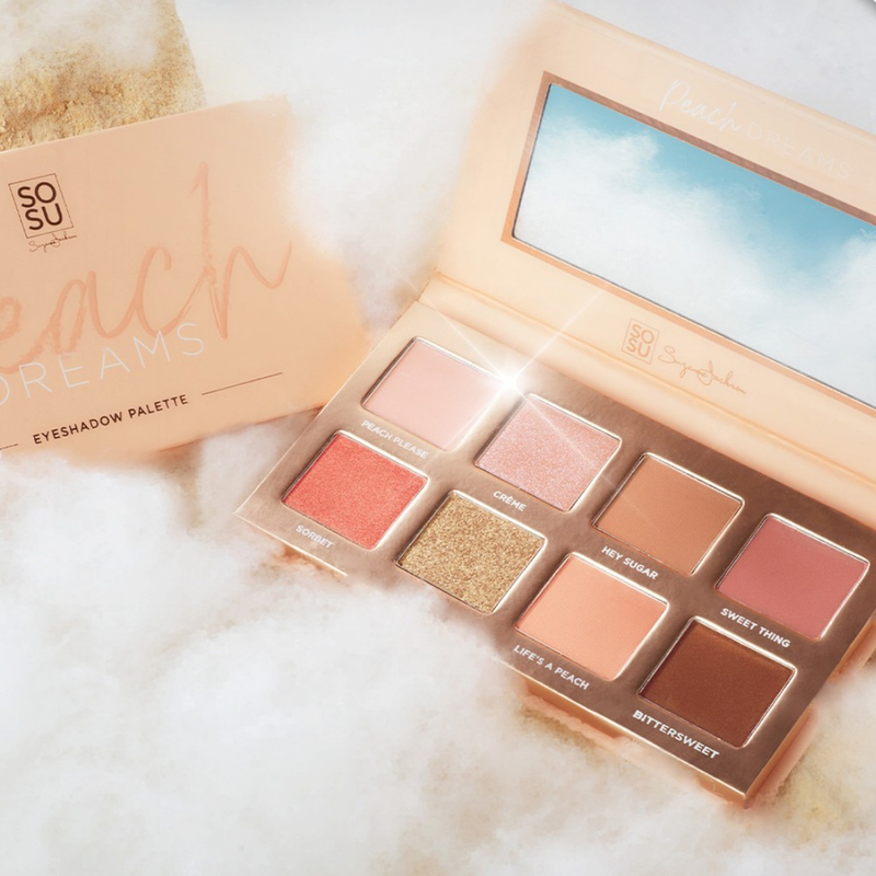 A Peach Dreams Eyeshadow Palette with 8 stunning matte & shimmer eyeshadows, featuring shades such as PEACH PLEASE, CRÈME, HEY SUGAR, SWEET THING, SORBET, LIFE'S A PEACH and BITTERSWEET