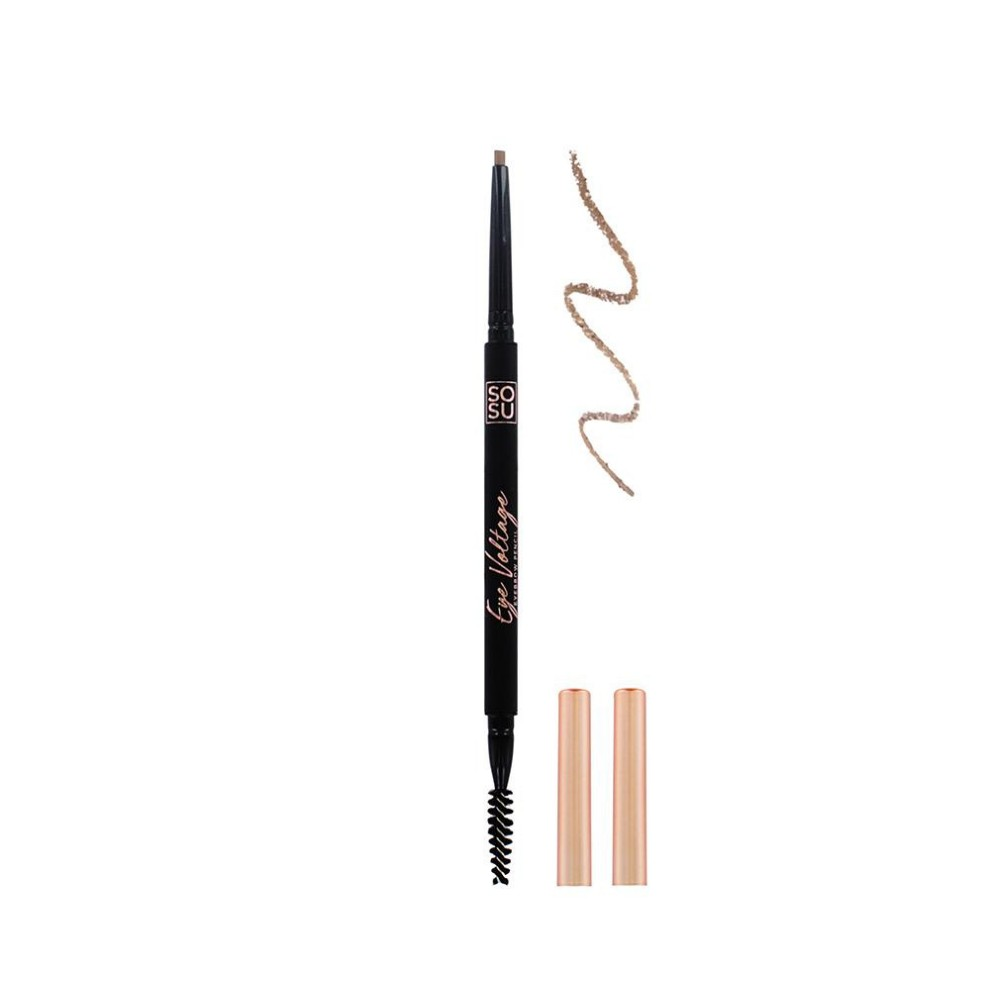 Eyebrow Pencil in Fair for light colored hair, with precision tip and spoolie-brush, offering a glide on buildable formula for 3D volume and dimension