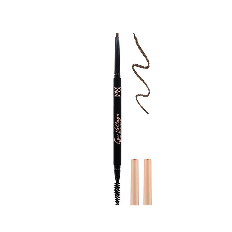 A dark Eyebrow Pencil by SOSU Cosmetics, perfect for filling, defining, and contouring brows with its glide-on, buildable formula to create 3D volume and dimension