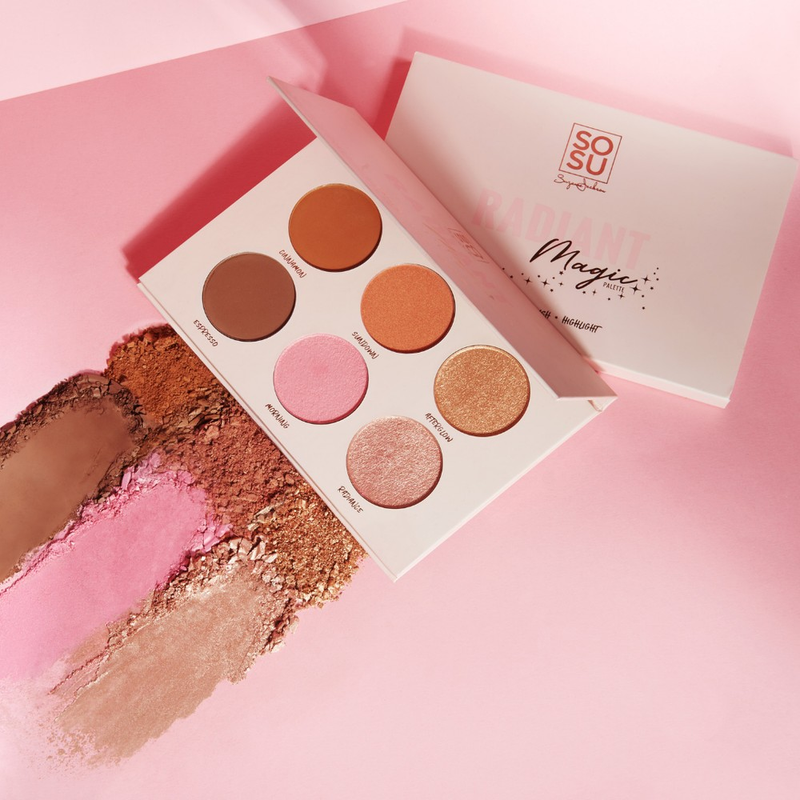 SOSU Radiant Magic Palette featuring 6 buttery matte & shimmer contour, blush & highlight shades such as Cinnamon, Espresso, Sundown, Morning, Afterglow, and Radiance suitable for all skin types