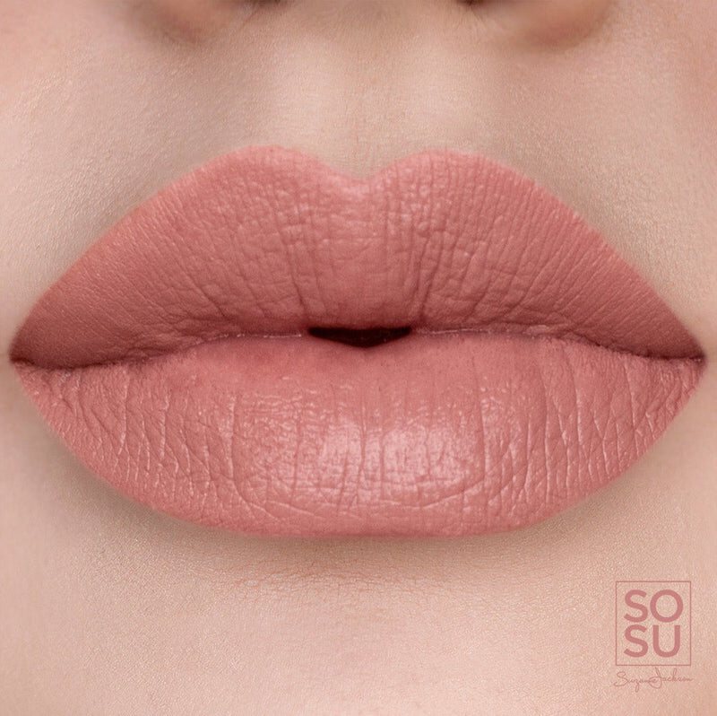 The 'Who Me' Matte Lipstick from SOSU Cosmetics, a perfect nude pink shade with a hint of honey for a flawless coverage and a velvet matte finish