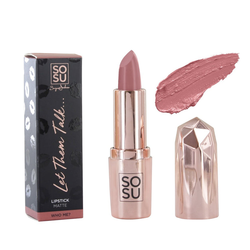 Who Me Matte Lipstick by SOSU Cosmetics - a perfect nude pink shade with a hint of honey, providing a long-lasting velvet matte finish and a creamy hydration for flawless coverage