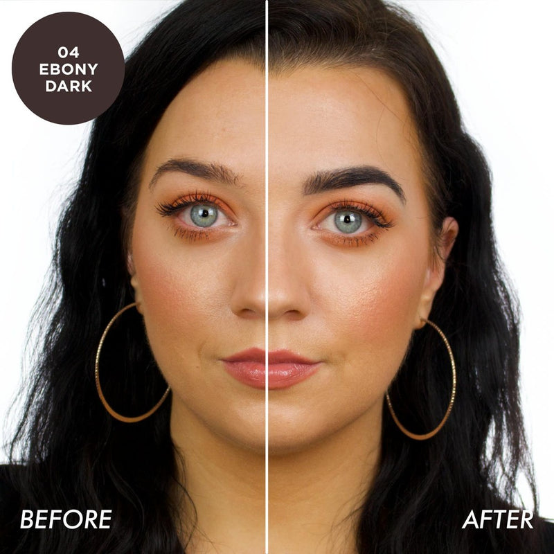 Before and after results of using the Brow Gel in 04 Ebony Dark, perfect for dark colored hair with ebony undertones, delivers high impact brows with a quick drying formula