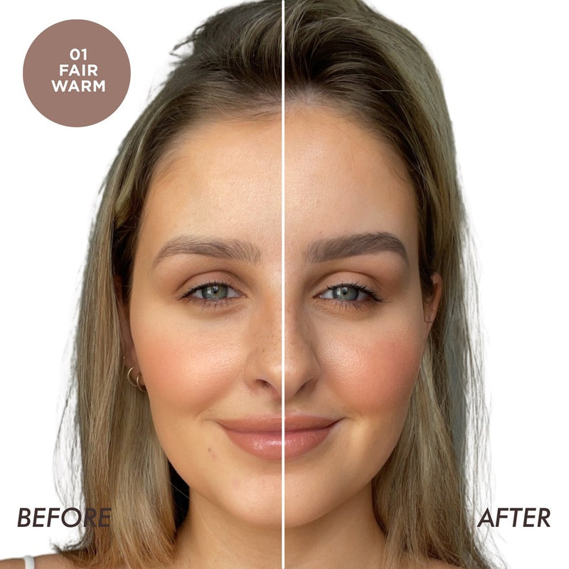 Before and after impact of Brow Gel 01 Fair Warm, a high impact, quick-drying formula for light coloured hair with warm undertones; enhances brow shape and sets brows for a silky smooth finish