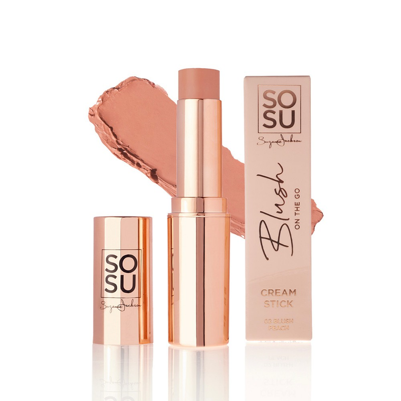 SOSU's Bestselling Cream Stick in Blush Peach, a highly pigmented and super creamy blush stick enriched with Vitamin E for a natural-looking and flawless finish