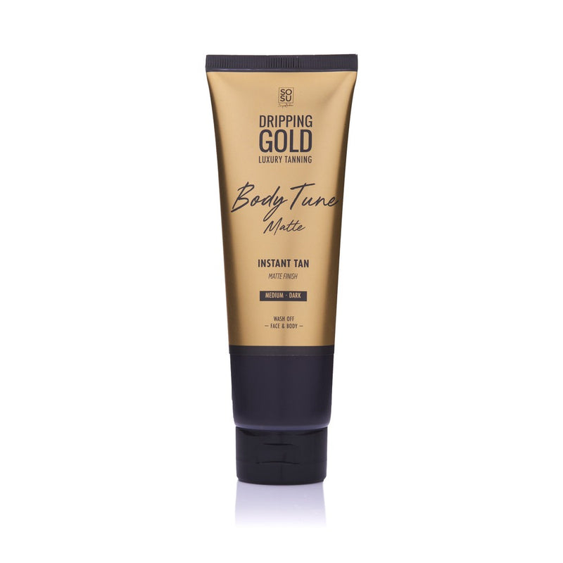 A medium-dark Body Tune Instant Tan with matte finish, ready to give instant bronzed glow and conceal imperfections, suitable for face and body, washes off easily