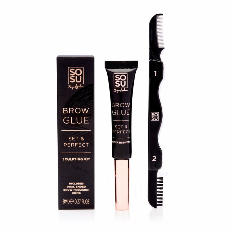 SOSU Cosmetics Eyebrow Sculpting Kit including Brow Glue and precision comb for sculpted and laminated brows in seconds. Water resistant, cruelty-free, and vegan-friendly.