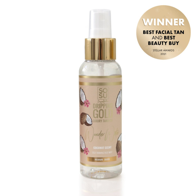 Wonder Water 'Coconut' (Medium-Dark) self tanning face mist in a travel-friendly 100ml bottle infused with a summer scent of Coconut, winner of the Stellar Awards 2021 for Best Facial Tan and Best Beauty Buy