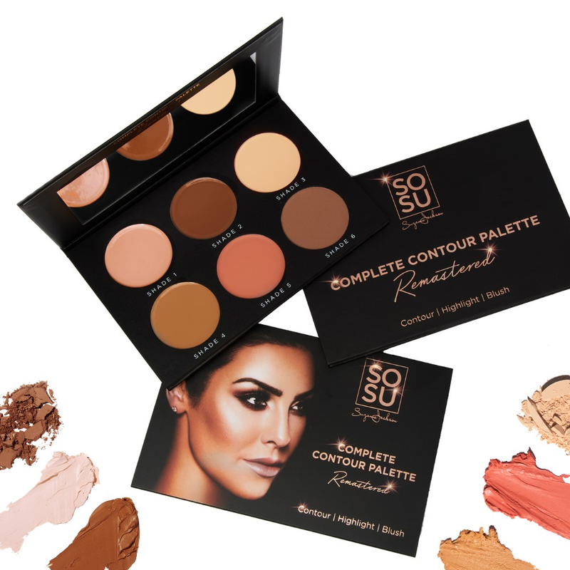 SOSU Complete Contour Palette Remastered featuring six luxurious cream and powder shades for perfect contour, highlight and blush. Effortless application and super blendable.