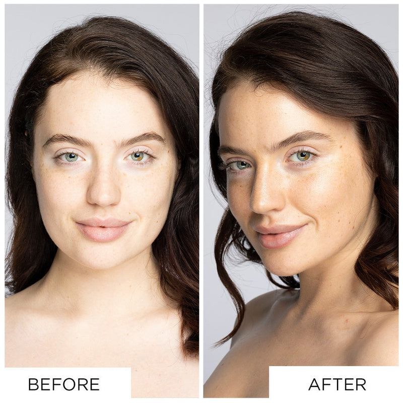 Before and after application of Radiance Base in Cosmic Sheen shade, creating a flawless, radiant complexion