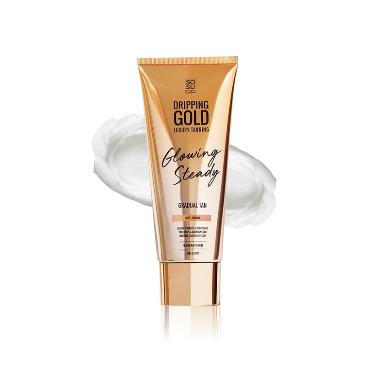 Dripping Gold Luxury Tanning Glowing Steady Gradual Tan in light to medium shade for face and body that deeply hydrates, nourishes, prolongs and maintains tan with a natural buildable glow, fragrance-free and suitable for sensitive skin.