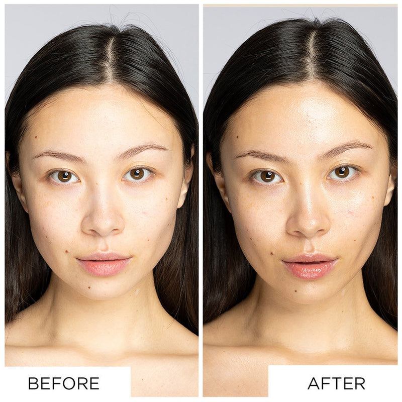 Before and after application of the Radiance Base skin enhancer in the shade Glow, showcasing a flawless lit-from-within complexion