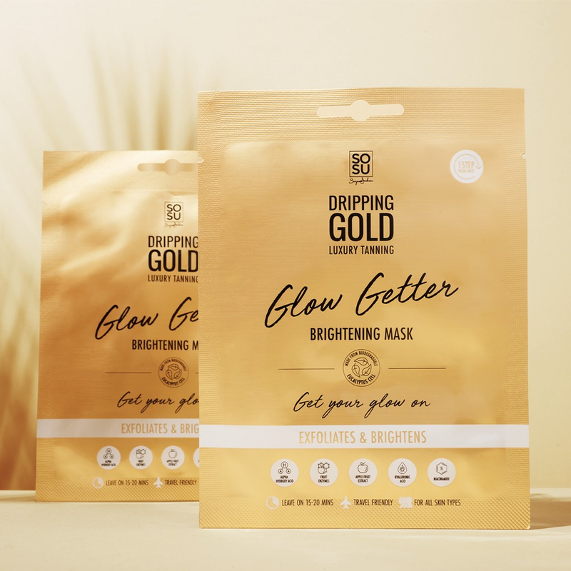 Glow Getter Brightening Mask from SOSU by Dripping Gold, an exfoliating and brightening sheet mask made from biodegradable eucalyptus cell fibre for radiant, glowing skin in 15-20 minutes