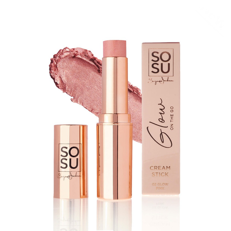 SOSU's Glow Pink Cream Stick from the bestselling collection, a highly pigmented and super creamy cosmetic product that illuminates the skin with a radiant glow and a pop of color