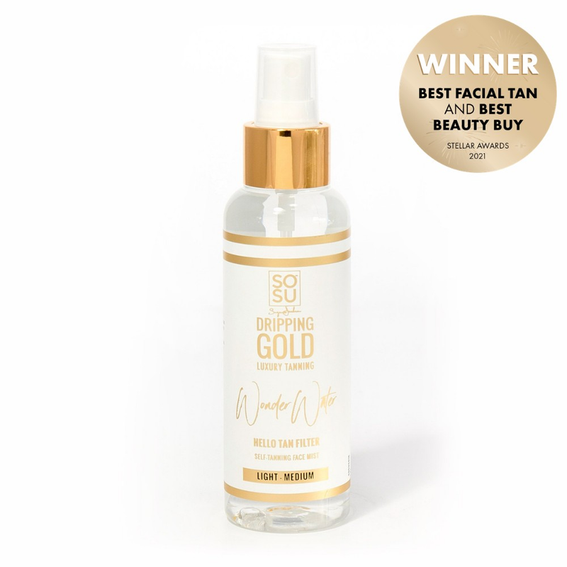 Dripping Gold Luxury Tanning Wonder Water Light-Medium, a facial tan filter and self-tanning face mist that provides a natural and radiant golden colour, and winner of the Best Facial Tan and Best Beauty Buy Stellar Awards 2021
