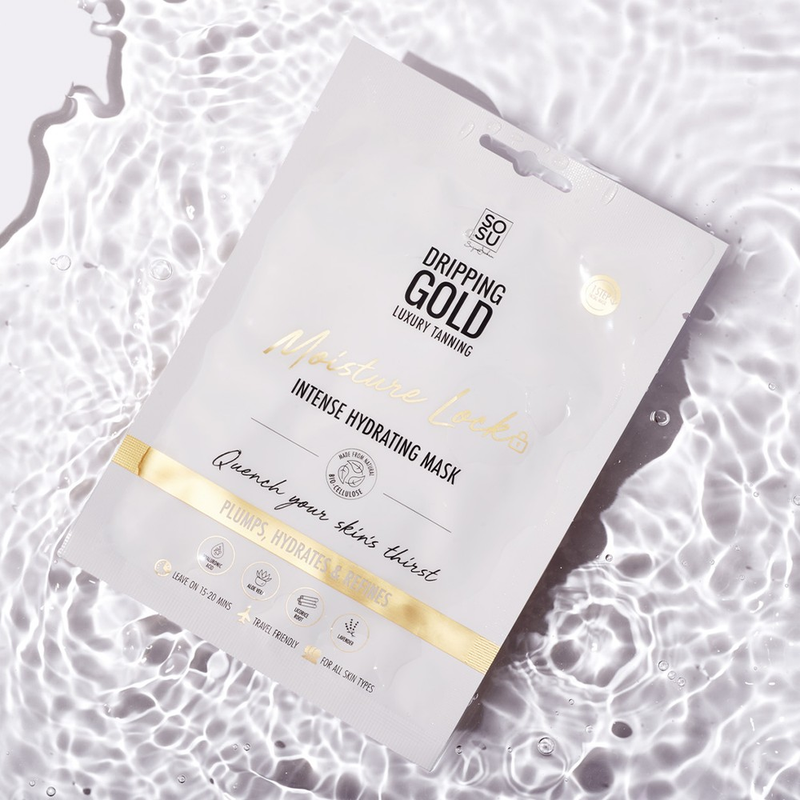 SOSU Dripping Gold's Moisture Lock Hydrating Mask, an intense bio-cellulose mask that hydrates, plumps, and refines the skin, with ingredients like Hyaluronic Acid, Lavender, Licorice Root, and Aloe Vera. Made for all skin types and travel-friendly.