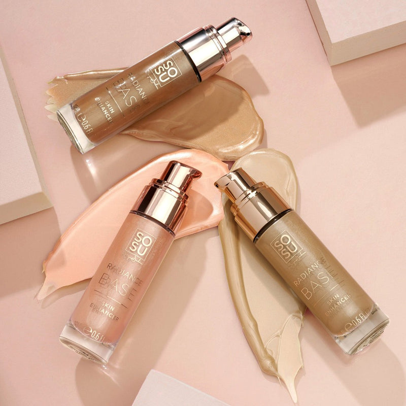 SOSU's Radiance Base skin enhancer in three shades including Glow, Cosmic Sheen, and Silk Bronze, perfect for achieving a flawless, lit-from-within complexion