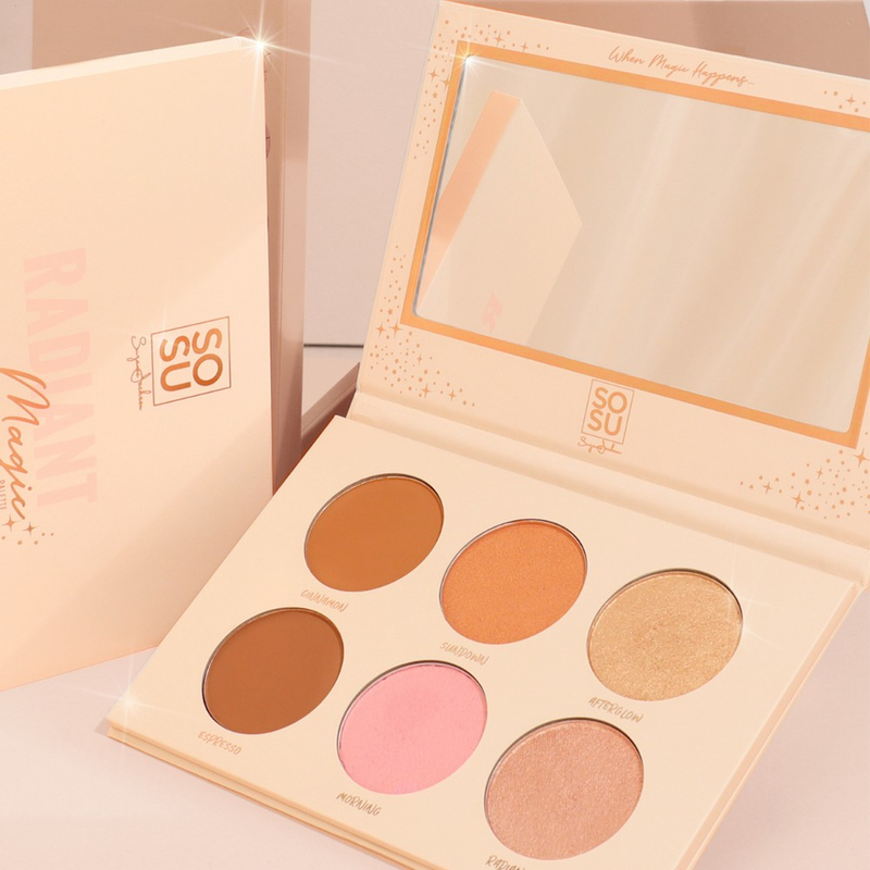 Radiant Magic Palette by SOSU Cosmetics, a 6-shade contour, blush & highlight palette featuring matte and shimmer shades like Cinnamon, Espresso, Sundown, Morning, Afterglow, and Radiance for a sun-kissed, glow-worthy complexion