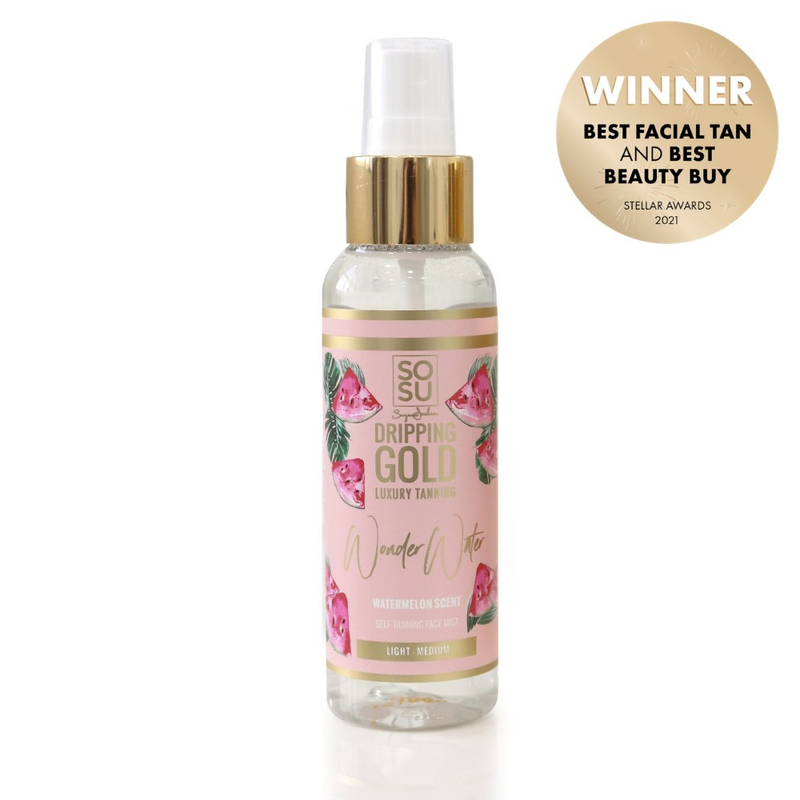 Award-winning Wonder Water 'Watermelon' (Light-Med) by SOSU Dripping Gold, a self-tanning face mist infused with vitamin E and a refreshing watermelon scent, in a convenient travel-size bottle